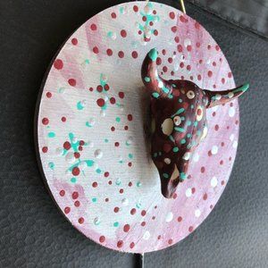 Key hook wall decoration handcrafted Western cow head horns